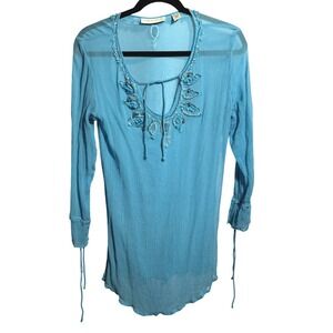 VTG Lord & Taylor Silk Beaded Blue Tunic Top Womens L Long Sleeve Boho Sheer Y2K